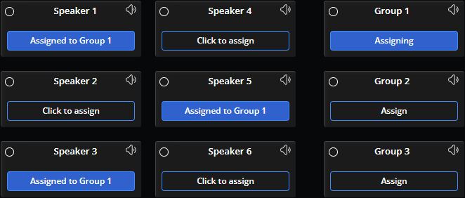 group 1 assign button selected, speaker devices 1, 5, and 3 assigned to it.