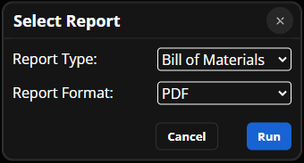 Export report pop up with type and format selected