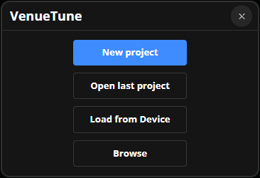 VenueTune start up menu options
