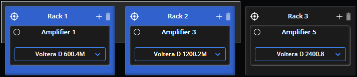 Three virtual amp racks. racks 1 and 2 are being highlighted by the mouse over selection feature.